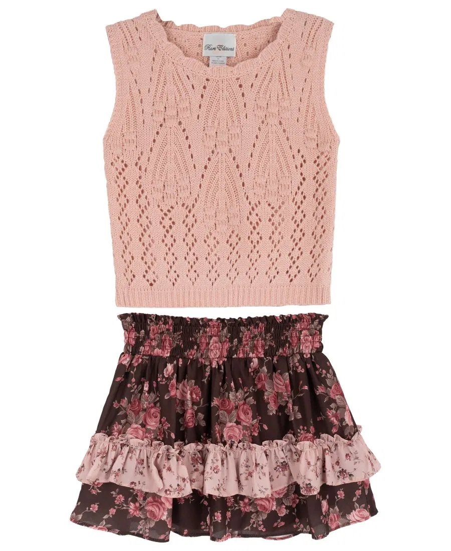 Комплект из вязаного жилета и юбки-шорт с цветочным принтом, модель Floral Crochet Sweater Vest and Tiered Skort Rare Editions, Blush