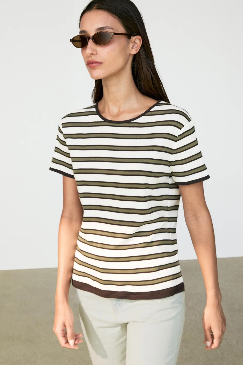 Футболка Massimo Dutti 100% Cotton Short Sleeve Striped, хаки