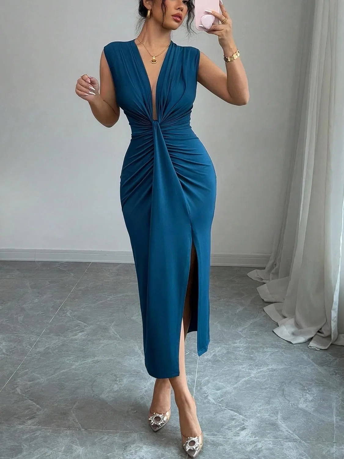 Женское элегантное платье V-образным вырезом и оборкой Generic, Blue — фото 3