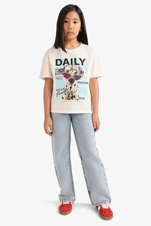 Детская футболка для девочек хлопковая с принтом Relax Fit Crew Neck Printed Short Sleeve T-Shirt Defacto, Ecru-Er2384 — фото 2