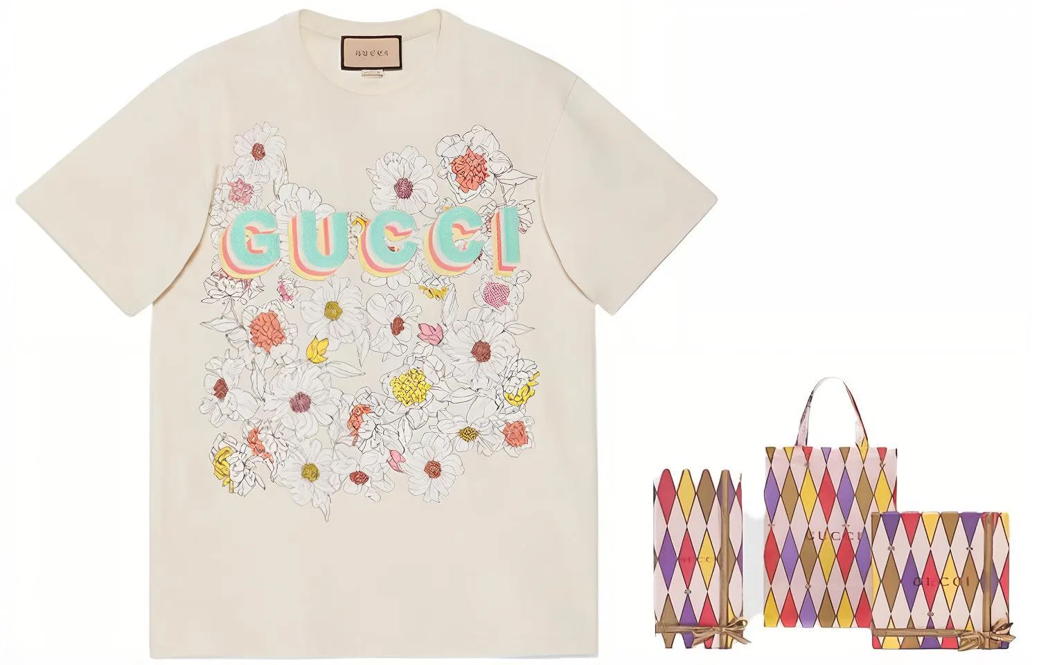Женская футболка с опущенным плечом Tanabata Series GUCCI, Ecru — фото 3