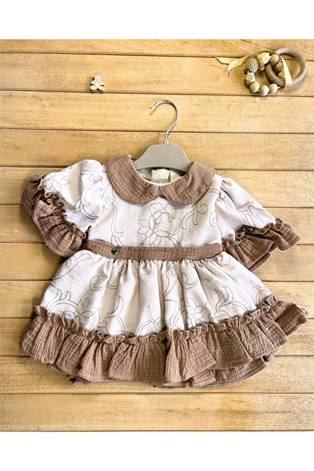 Детское платье для девочек хлопковое Eid Retro Ruffled Baby Collar Short Muslin Baby Dress Moes, Brown — фото 4