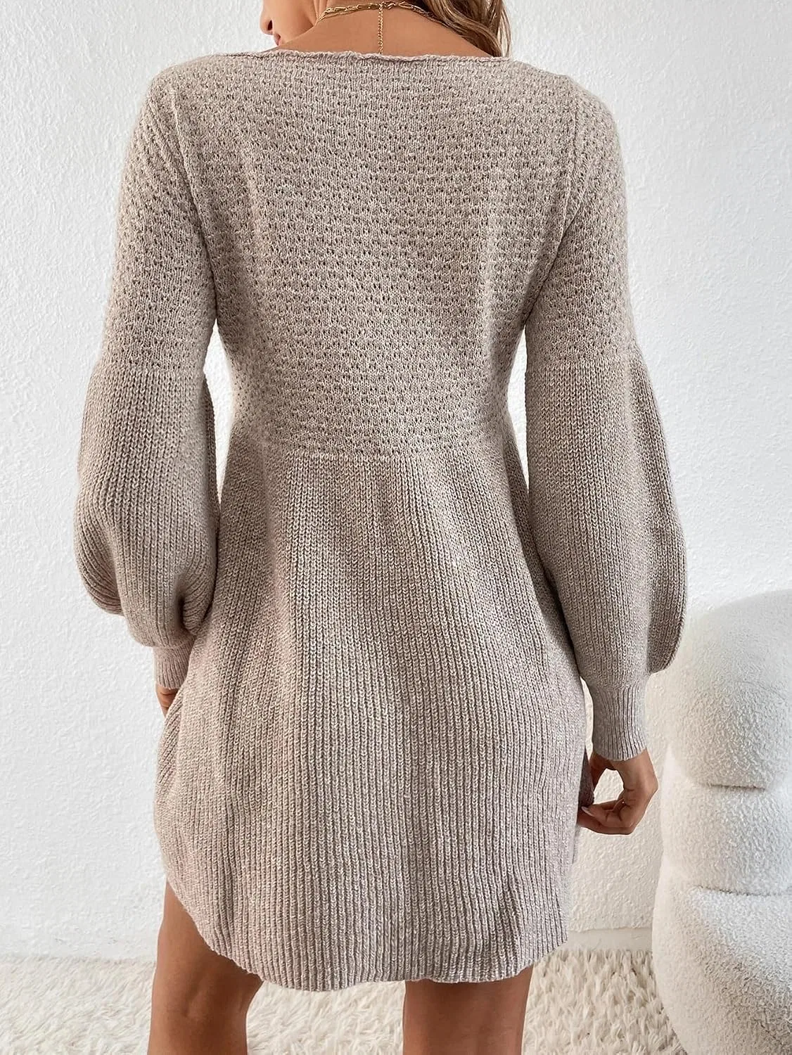 Женское платье с воротником-хомутом и расклешенной юбкой Ribbed Knit, Apricot — фото 3