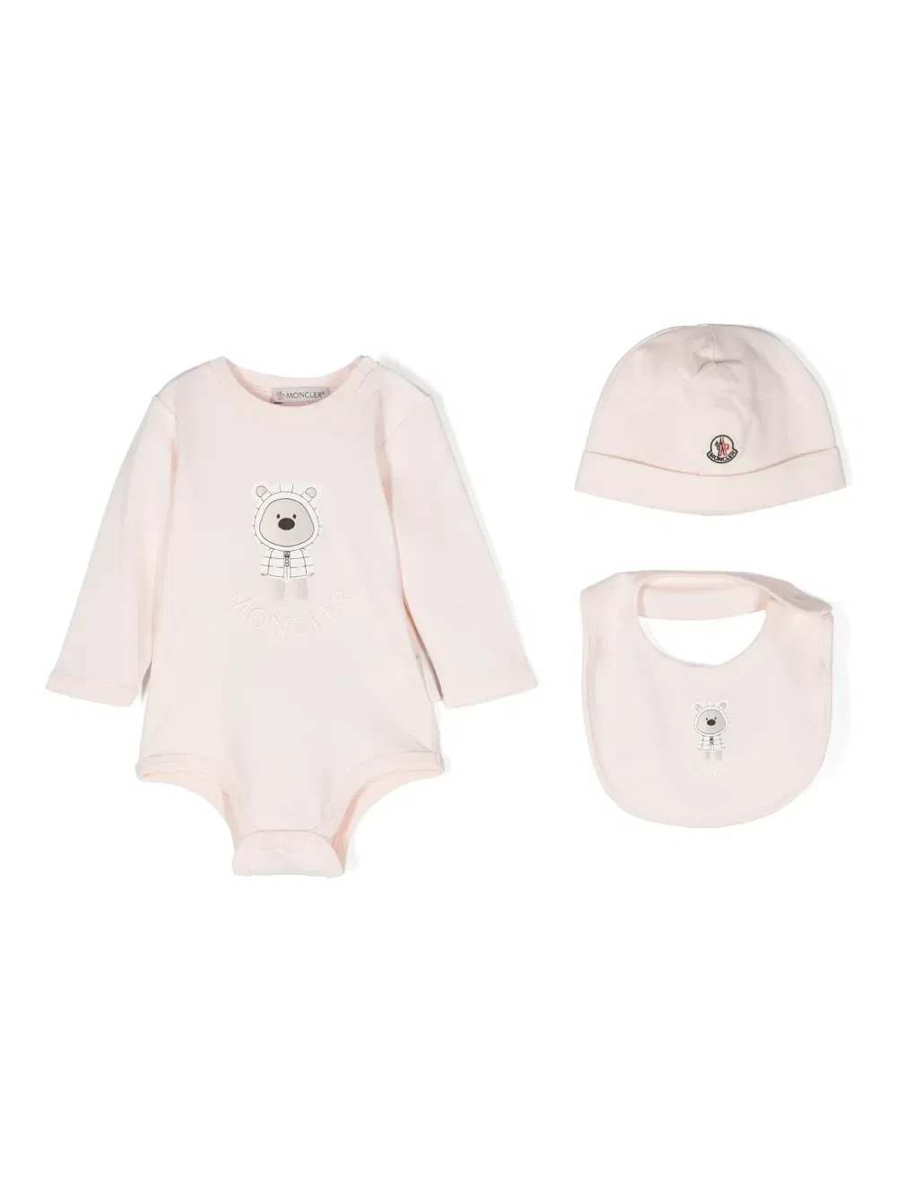 Комплект из комбинезона, шапки и нагрудника с логотипом Moncler Enfant, розовый