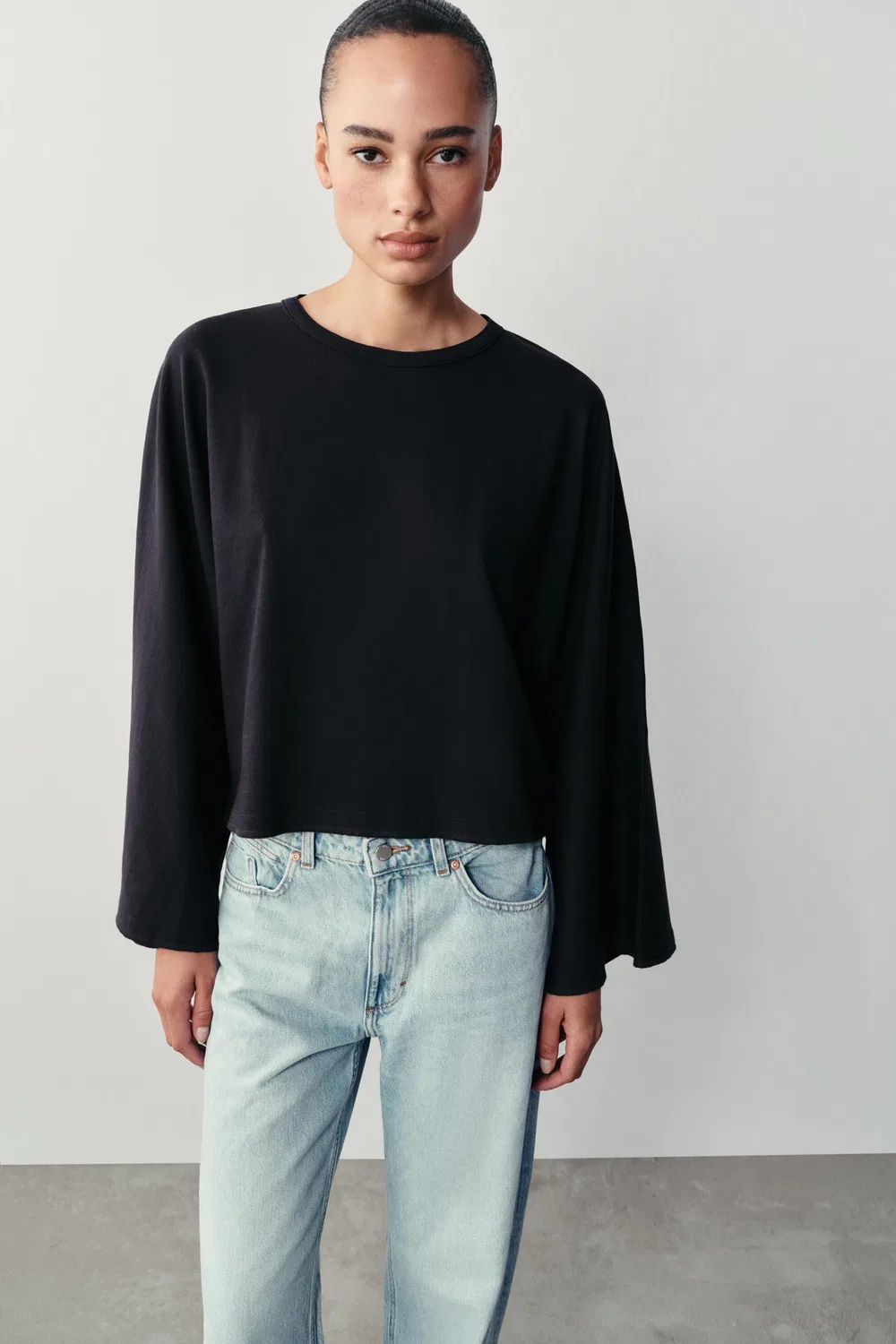 Хлопковая футболка с широкими рукавами ZARA, Navy blue — фото 2