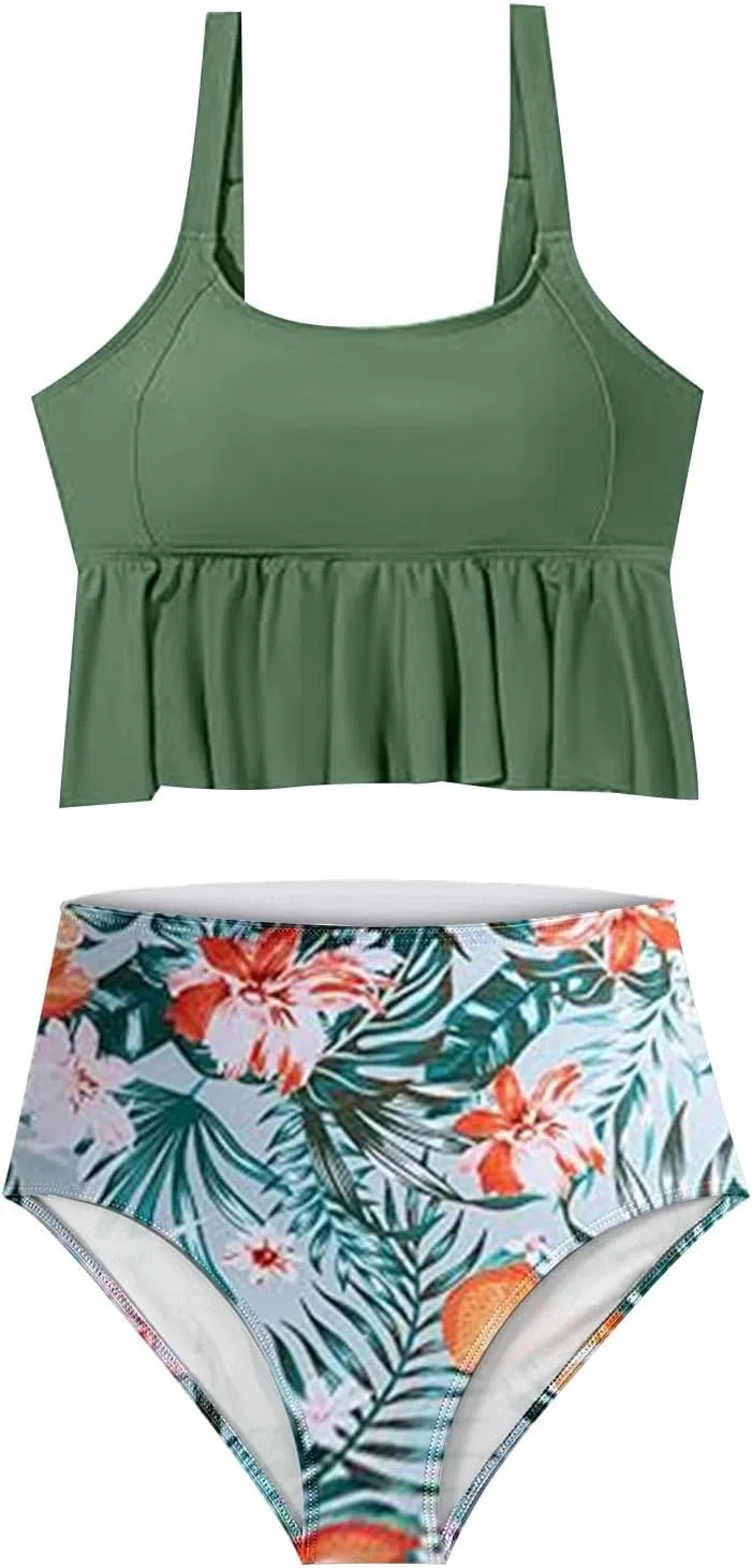 Женский танкини-купальник с утягивающим топом High Waisted 2 Piece, Green — фото 4