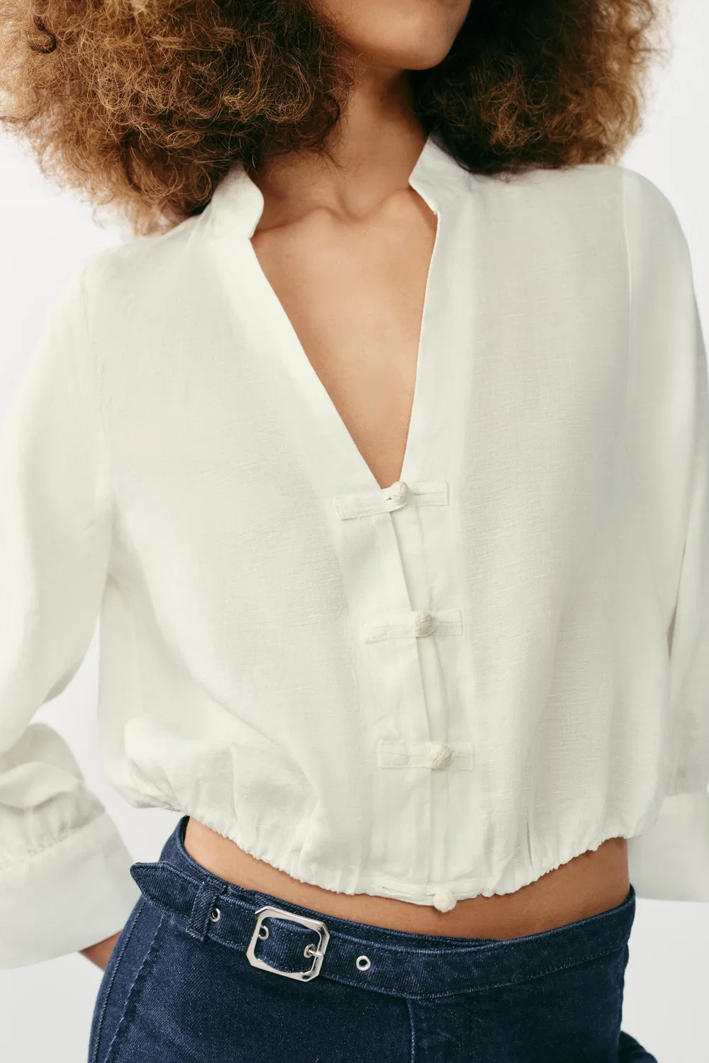 Рубашка-баллон из льняной смеси с застежкой в виде лягушки ZARA, White — фото 4