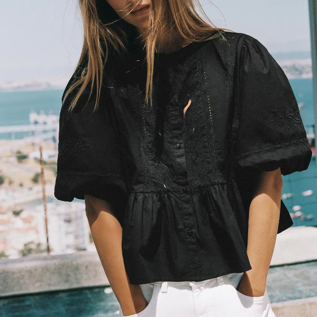 Женская рубашка с круглым вырезом Black ZARA, Черный — фото 4