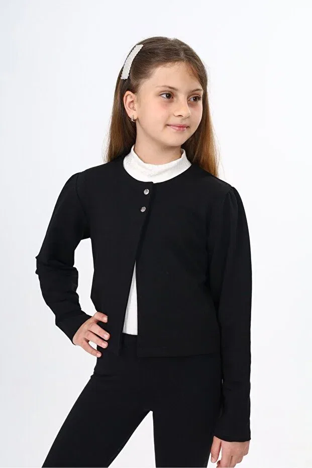 Детский вязаное кардиган с круглым вырезом и пуговицами, модель Black girl's crew neck a-line buttoned knitted cardigan - unlined & 2 thread, Toontoy, Черный — фото 4