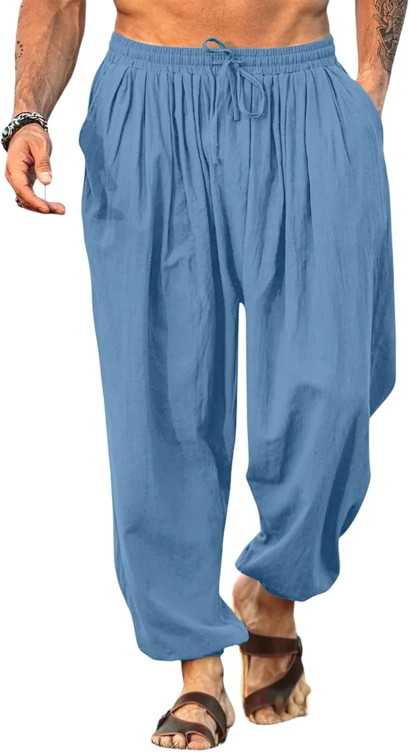 Мужские брюки свободного кроя с эластичным поясом, модель Cotton Linen Pants, голубой — фото 2