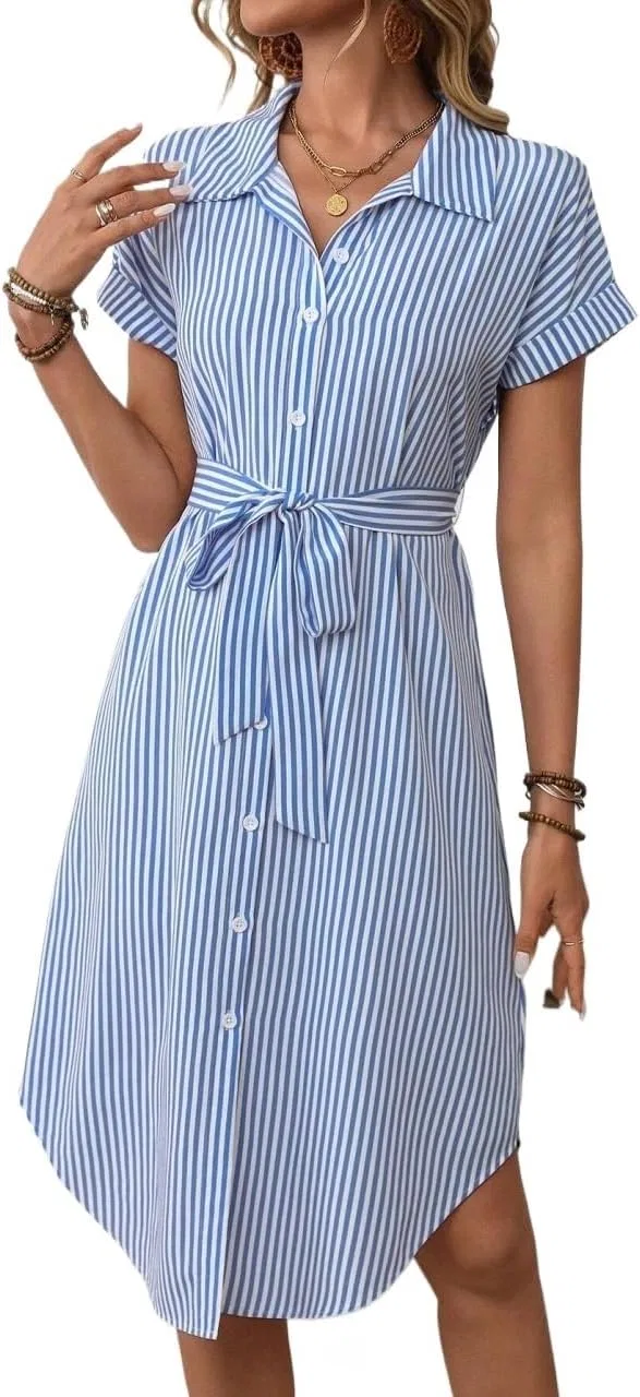 Женское повседневное платье-рубашка миди с воланами и поясом, Blue/White