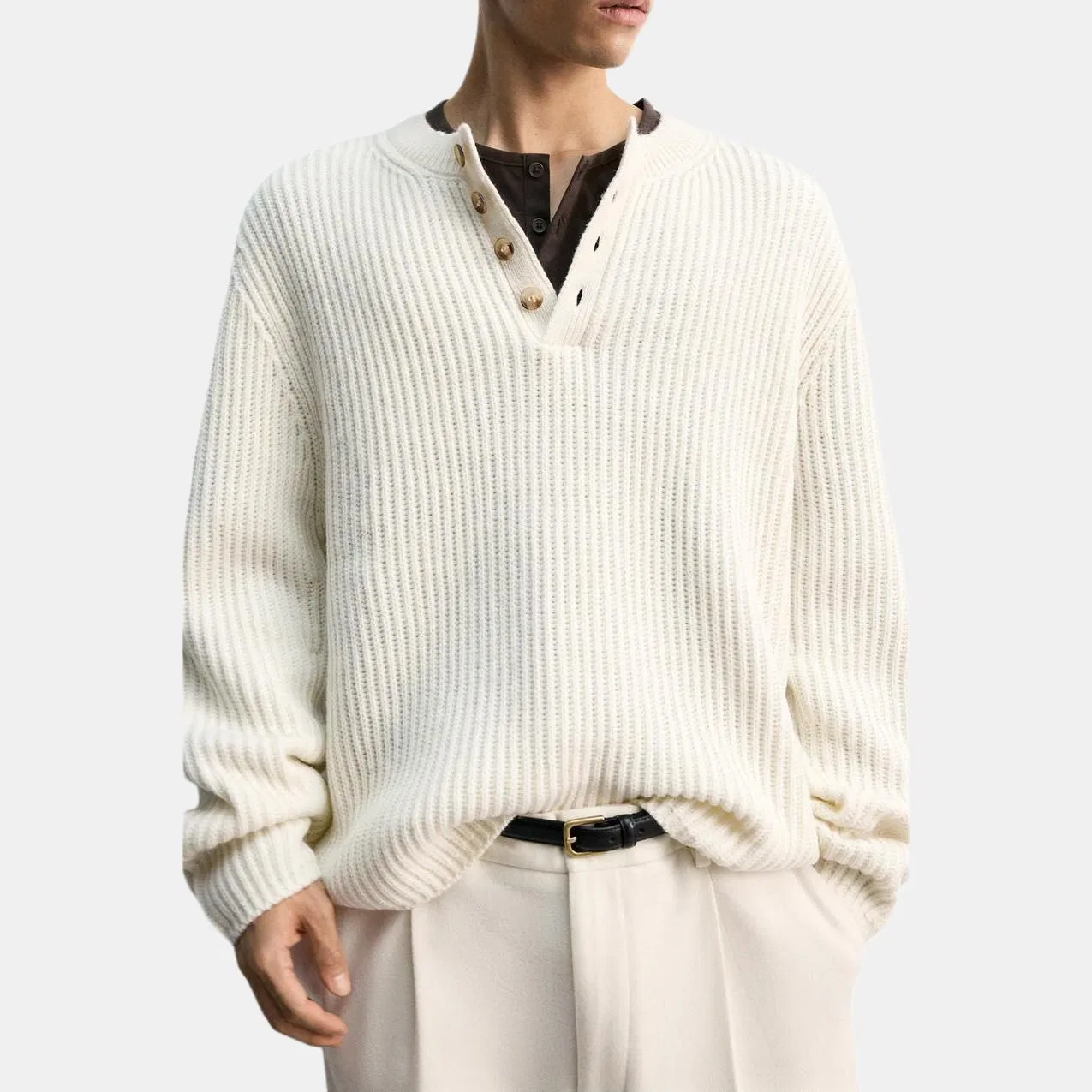 Мужской свитер белый с круглым вырезом ZARA, Raw White — фото 4