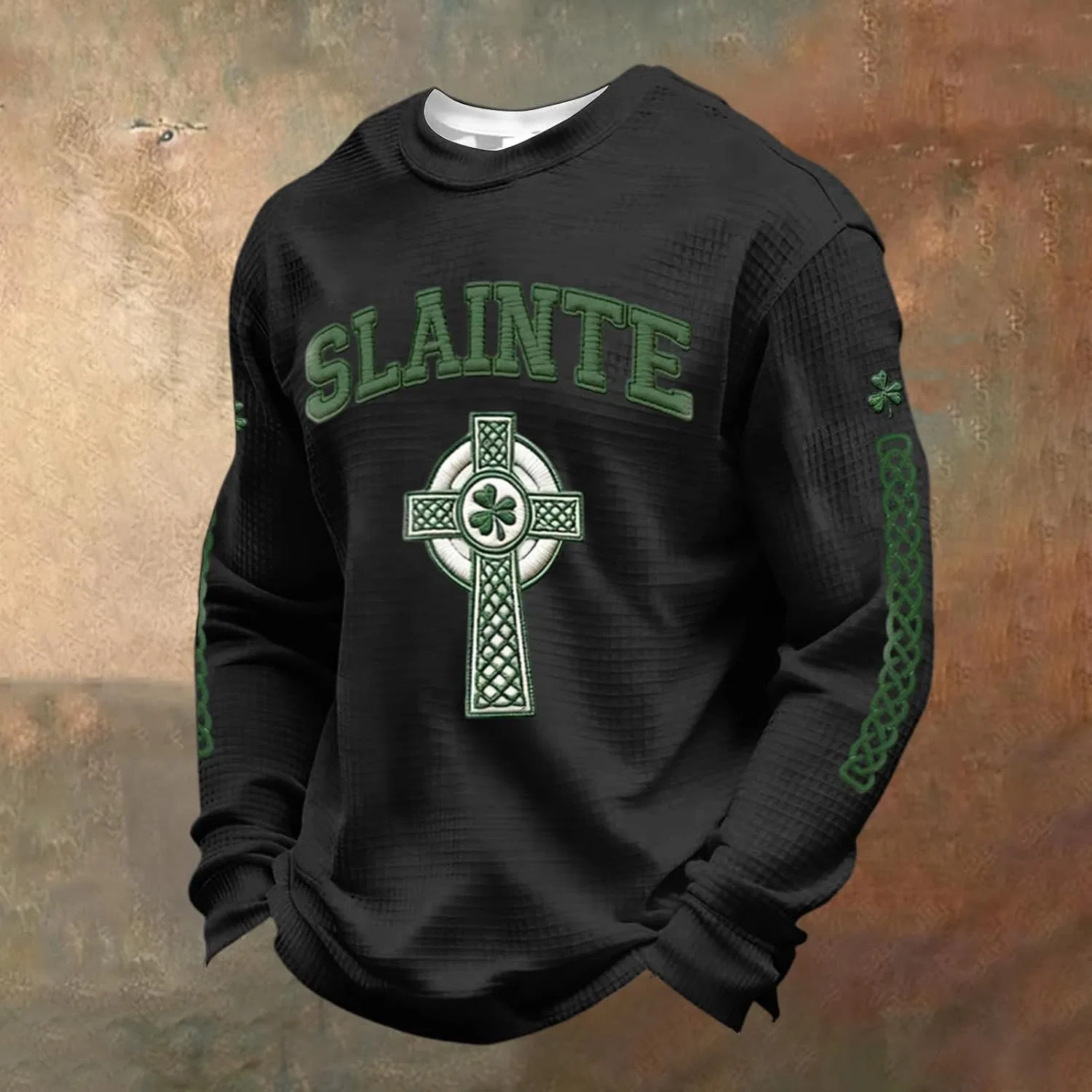 Мужская футболка с длинным рукавом и узором вафля Shamrock Flag, Black — фото 4