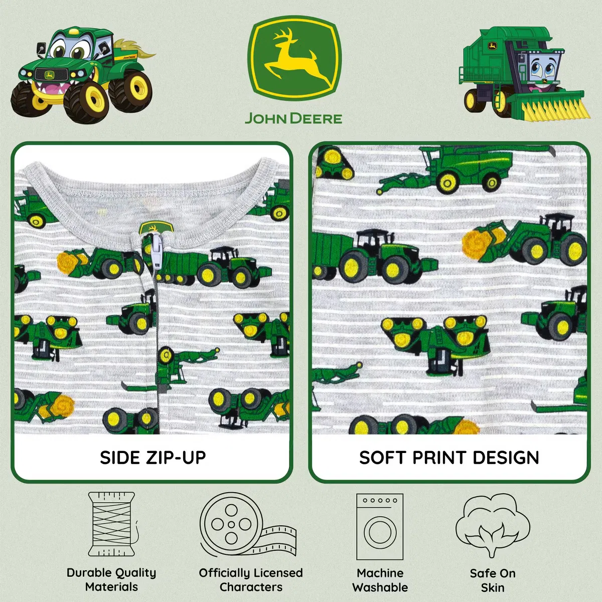 Пижама-комбинезон с молнией для новорожденных John Deere, Heather Gray Stripe — фото 4