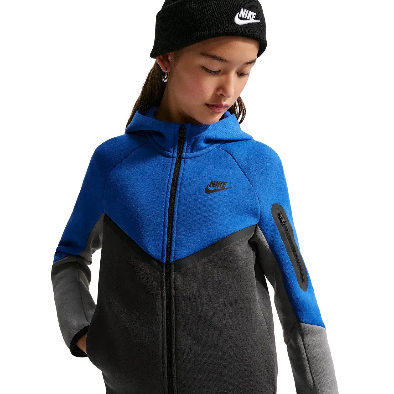 Детское худи для мальчиков с капюшоном Nike Tech Fleece Full-Zip, Anthracite Smoke Gray Game Royal — фото 4