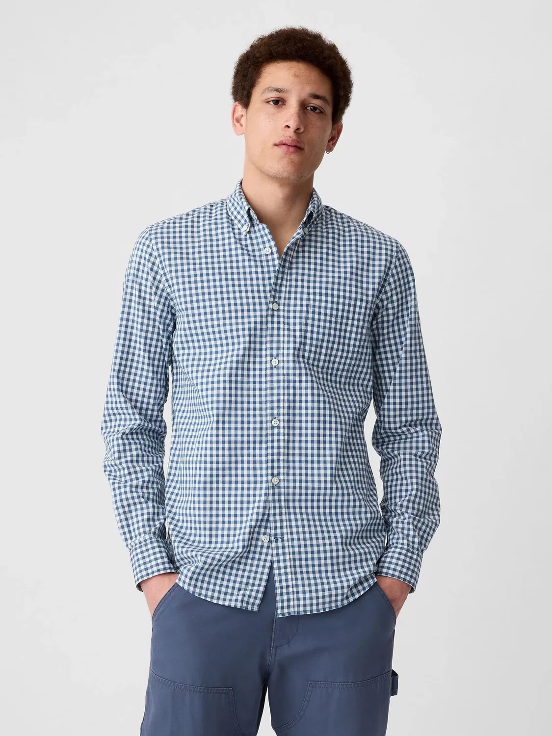 Рубашка из поплина, синяя клетка, Slim Fit Gap, синий