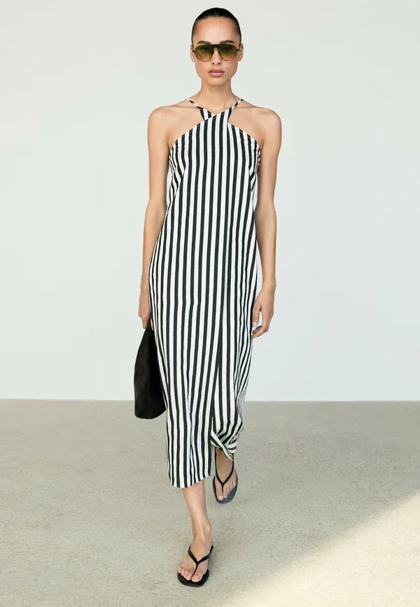 Платье полосатое Striped midi dress with crisscross straps Massimo Dutti, черный