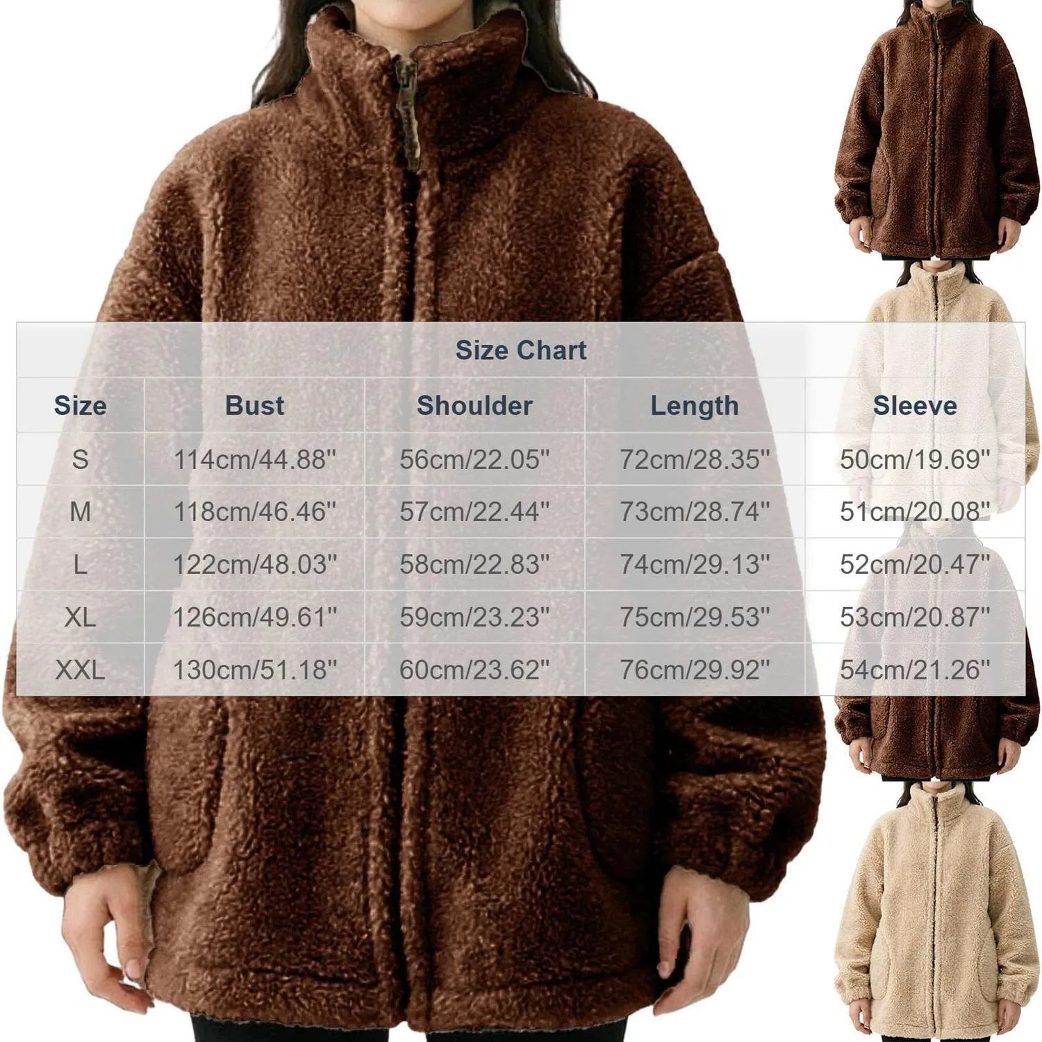 Женское пальто из флиса с длинным рукавом, модель Oversize, бренд, Beige — фото 4