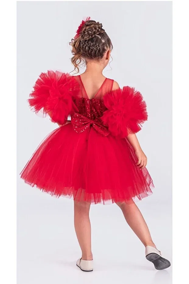 Детское платье для девочек с коротким рукавом Pon Pon Sleeves Sequined April 23rd Dress Tutu Birthday Dress & Girls' Evening Dress Little Pumpkin, Red — фото 3