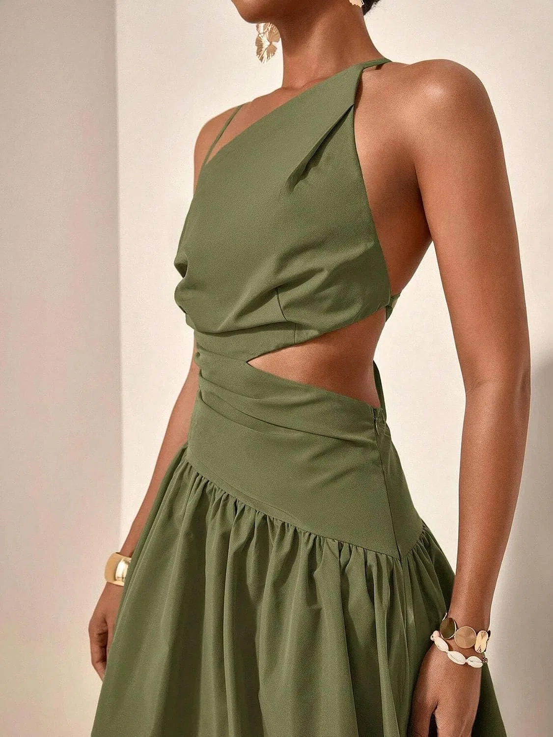 Женское элегантное платье миди с вырезами Zipper, Army Green — фото 4