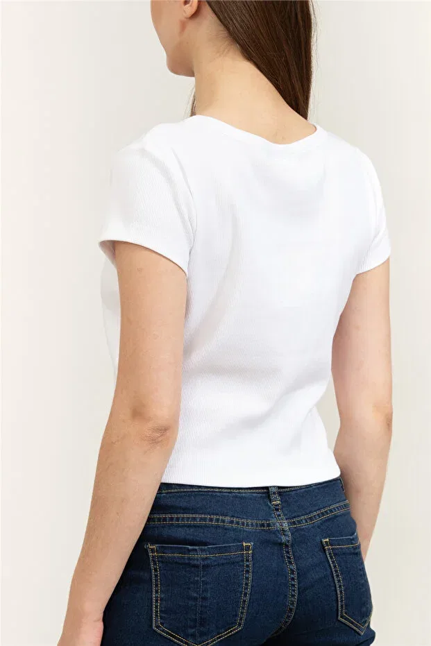 Женская футболка хлопковая A- woven label 2x2 rib baby tee Calvin Klein, Brilliant White — фото 4
