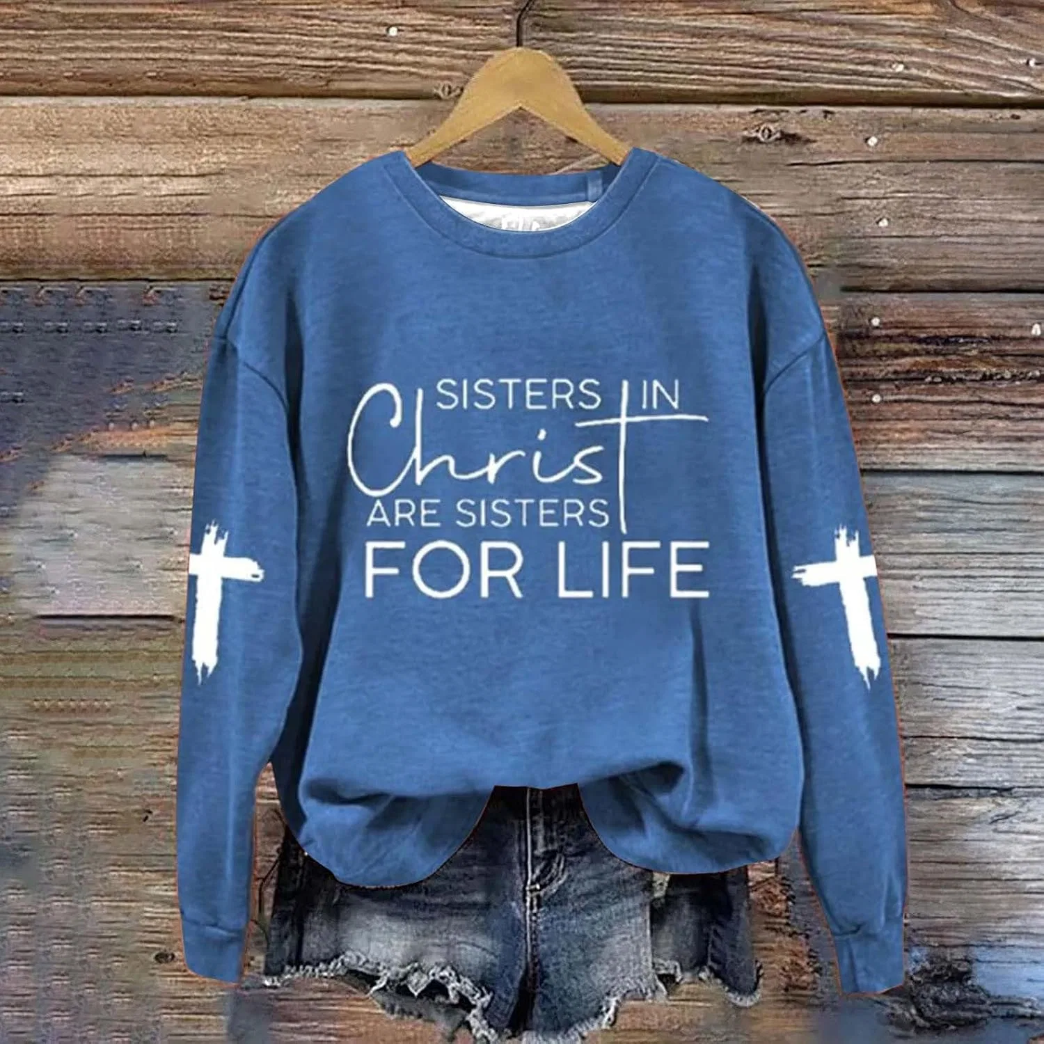 Женский свитшот с длинным рукавом, Sisters In Christ Are Sisters For Life, синий — фото 3