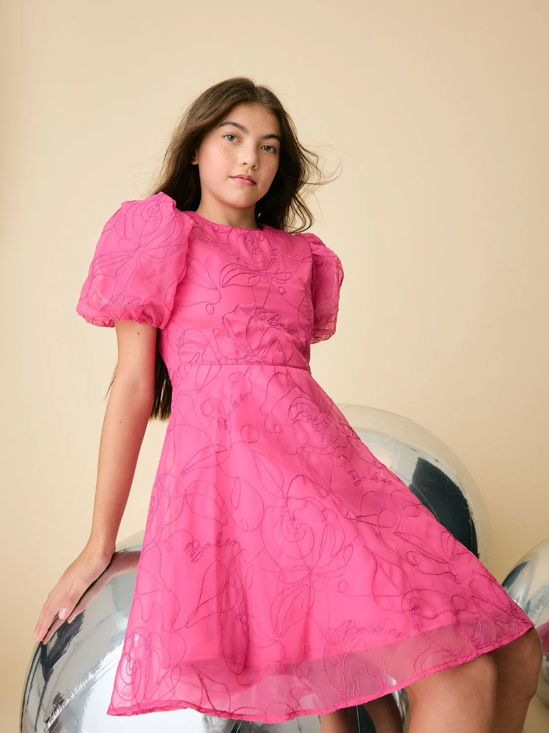 Платье с пышными рукавами из кордной органзы Baker by Ted Baker, розовое — фото 4