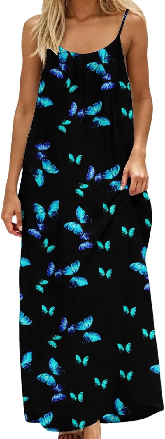 Женское макси-платье на бретелях с принтом, Backless Sleeveless, 4-Blue