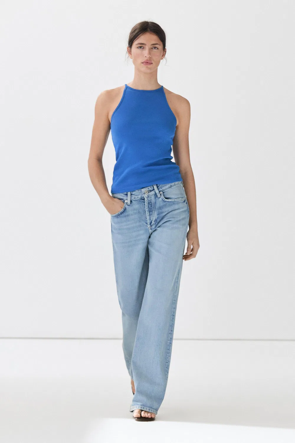 Топ Massimo Dutti Cotton Blend Halter, глубокий синий — фото 3