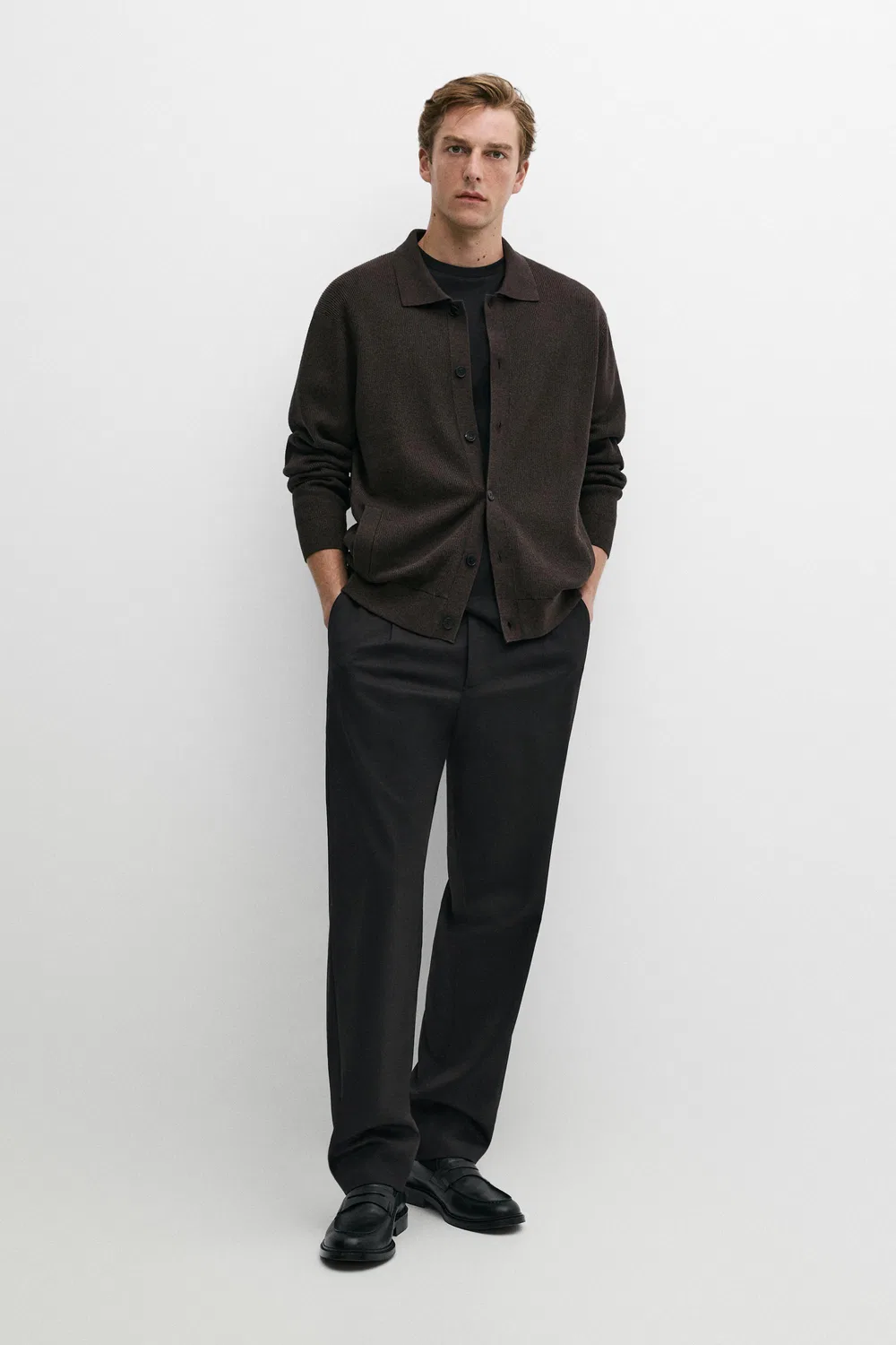 Кардиган Massimo Dutti 100% Cotton Polo Collar Knit, коричневый — фото 3