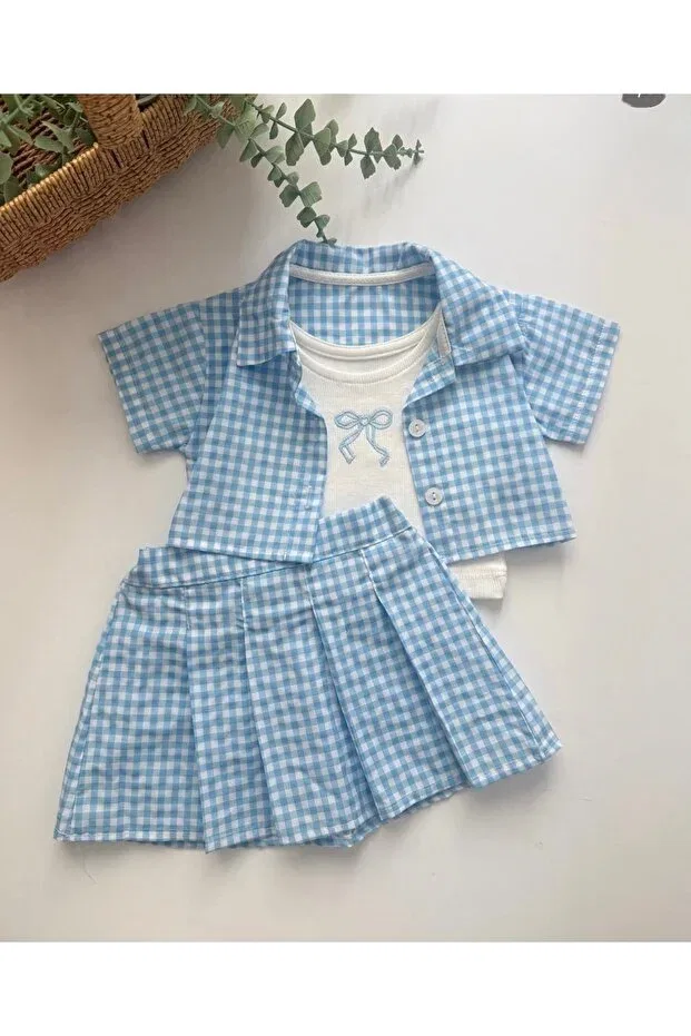 Детский комплект для новорожденных хлопковый Gingham shirt & badi & skirt 3-piece set Bobby Baby, Blue