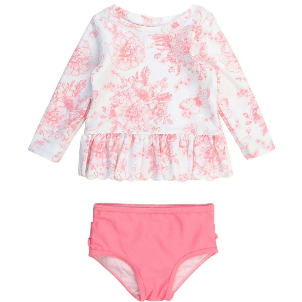 Детский комплект для плавания с длинным рукавом RuffleButts, Bubblegum Pink Butterfly Garden Toile