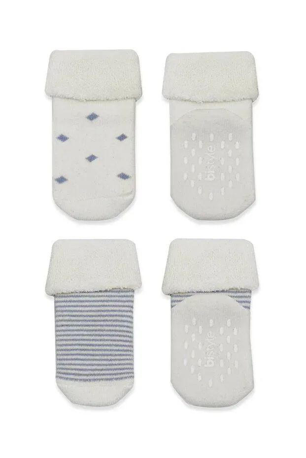 Детские носки с принтом Organic seamless 2-piece pointed circle non-slip towel socks Bistyle, Indigo-Ekru — фото 4