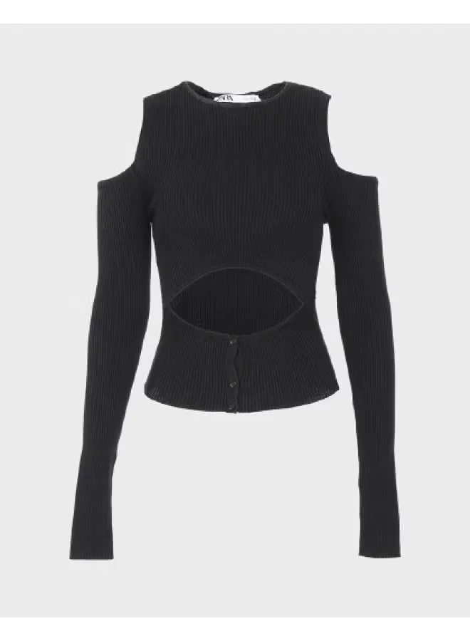 Топ вязаный с открытыми плечами Zara, черный
