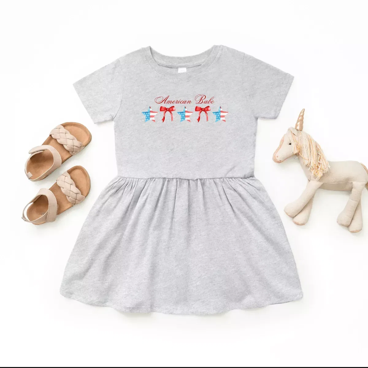 Детское платье для девочек с принтом American Babe Star Bow Coquette The Juniper Shop, Heather Grey — фото 3