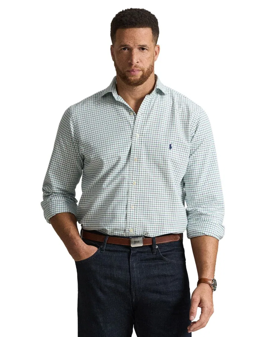 Рубашка оксфордская с принтом Tattersall, модель Big & Tall Polo Ralph Lauren, White Green Multi