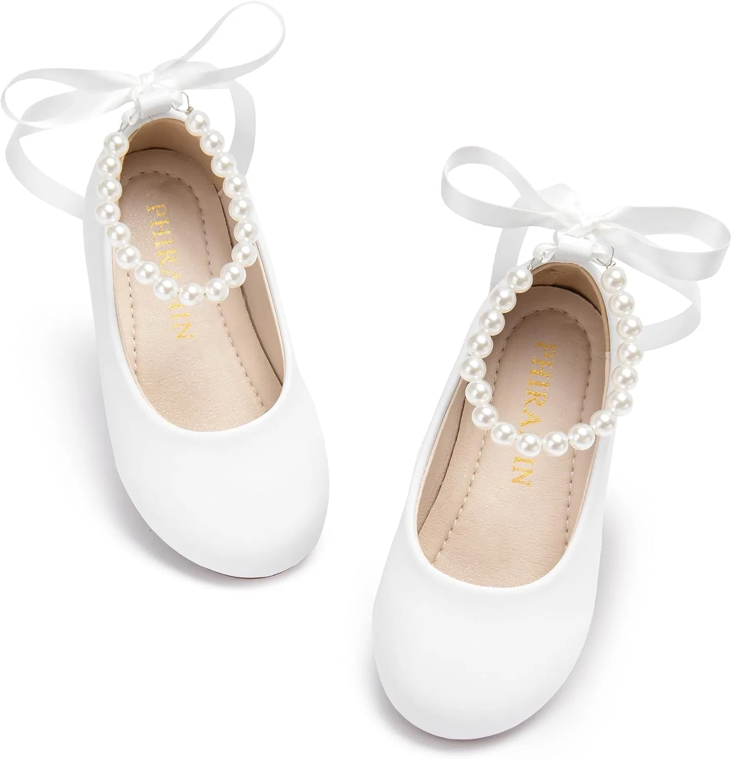 Детские туфли-балетки для девочек с жемчужным ремешком PHIRAMIN, White Pearl Strap