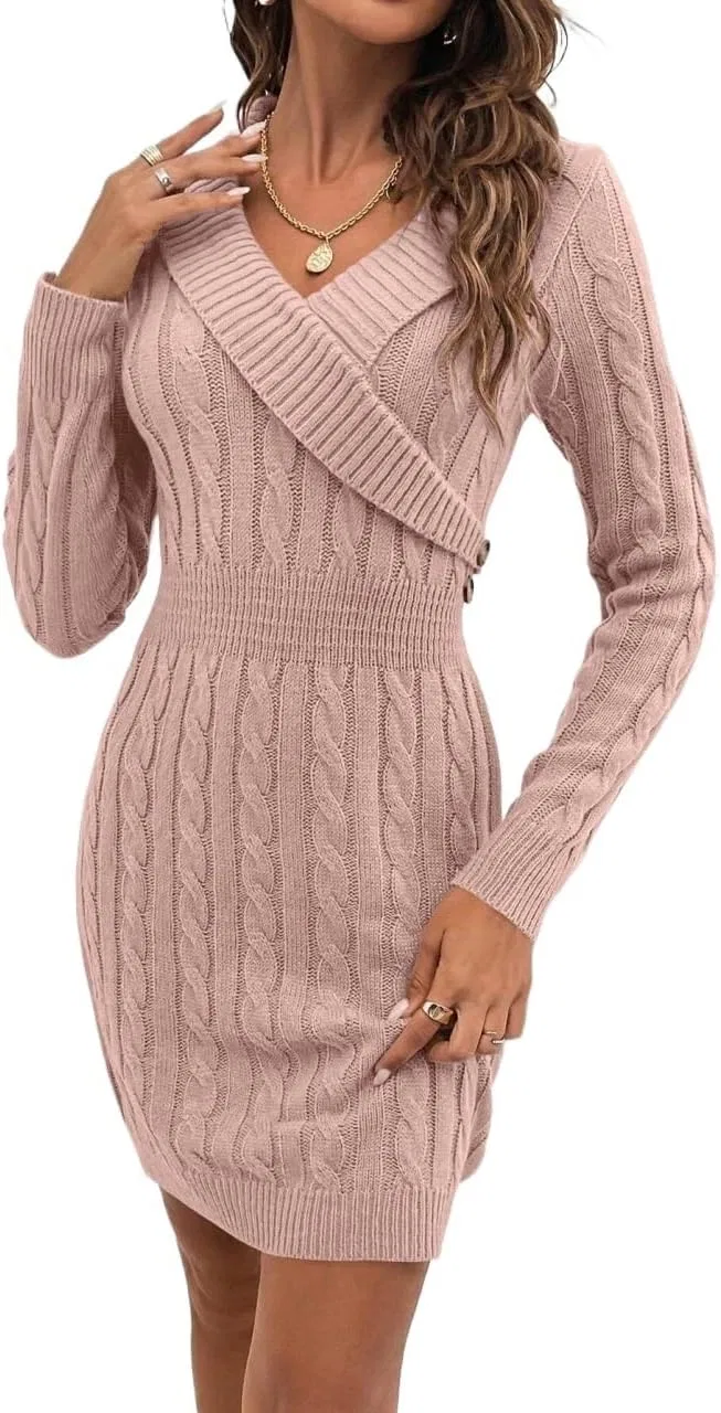 Женское повседневное платье с v-образным вырезом вязаное, Dusty Pink