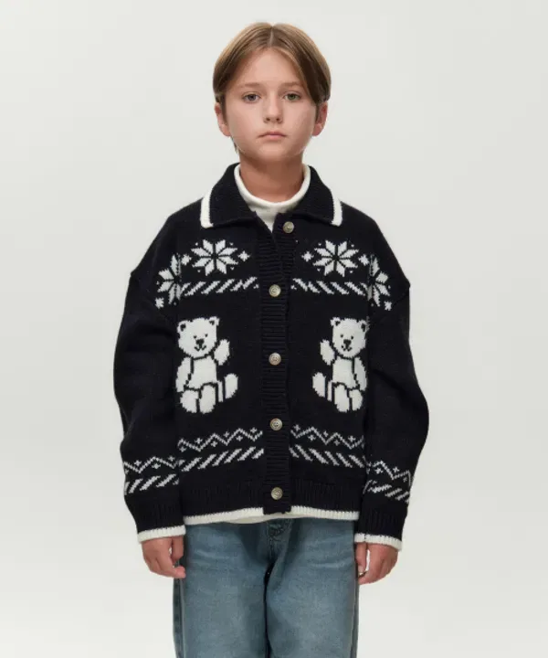 Кардиган с воротником и скандинавским узором, Kids Nordic Bear, Marithé Kids, Navy