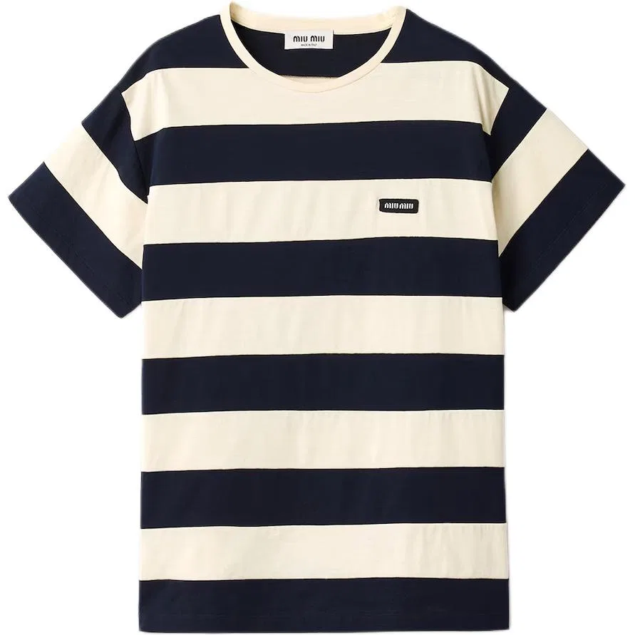 Футболка с полосками, прямая посадка, MIU MIU, Blue White Stripes