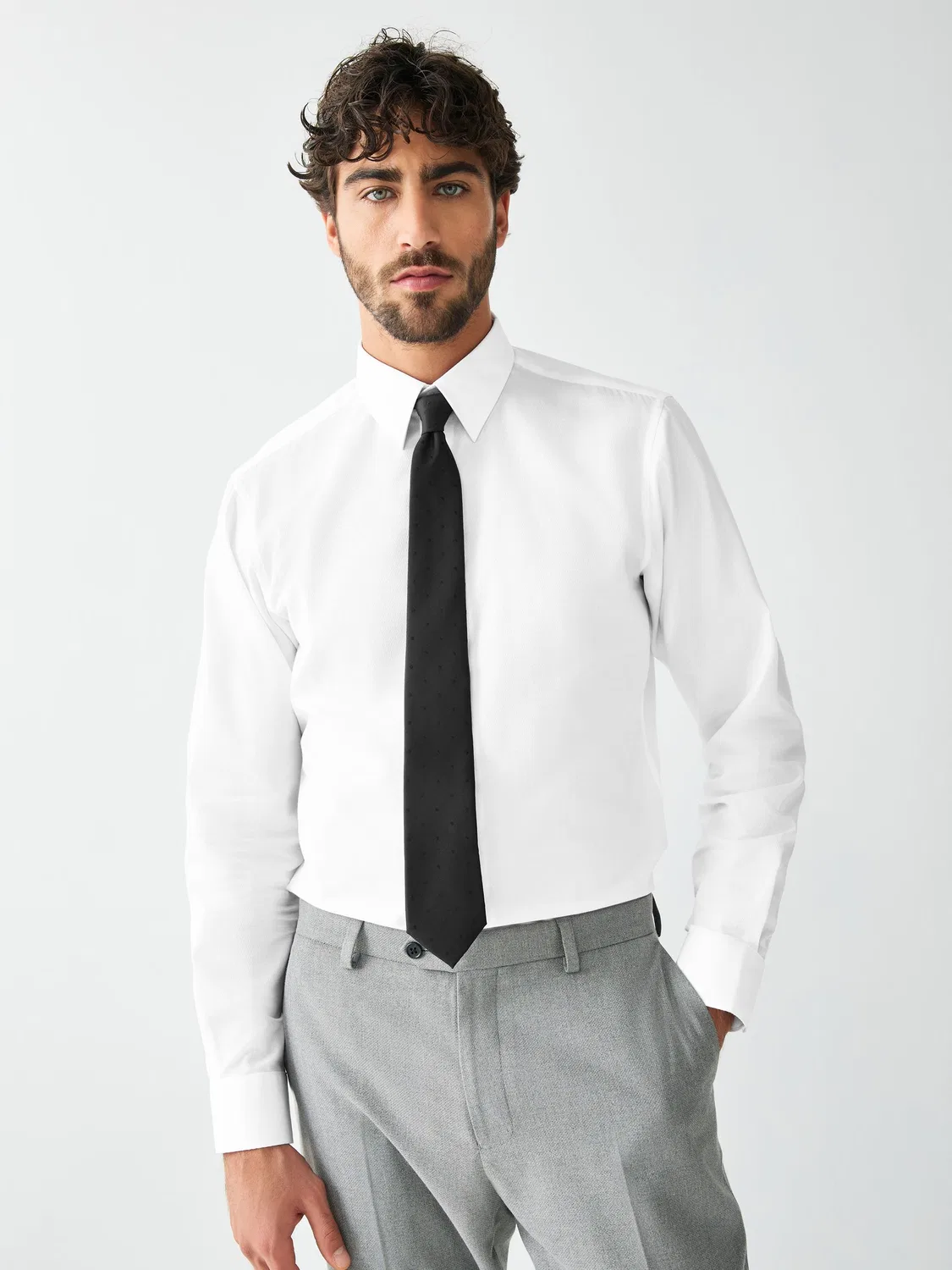 Сорочка с галстуком и запонками, Slim Fit, Polka Dot Next, Белый/Черный в горошек