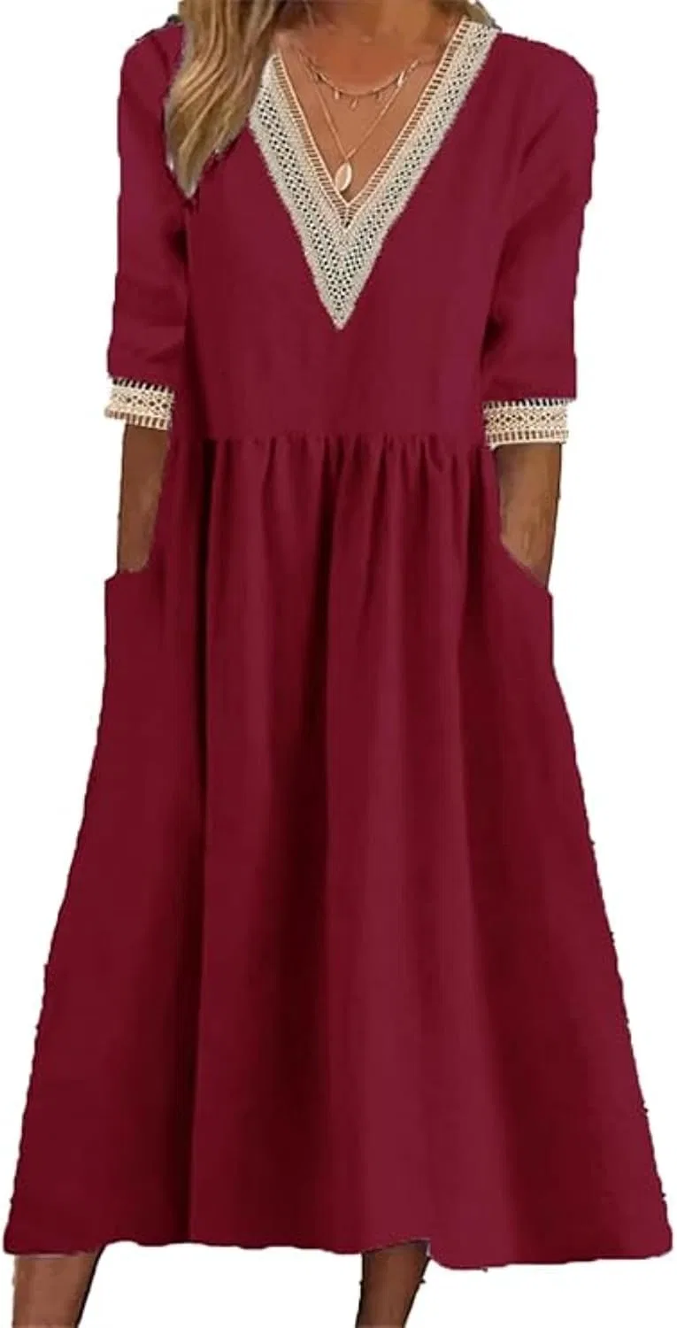 Женское платье миди с V-образным вырезом и рукавом 3/4, Wine Red