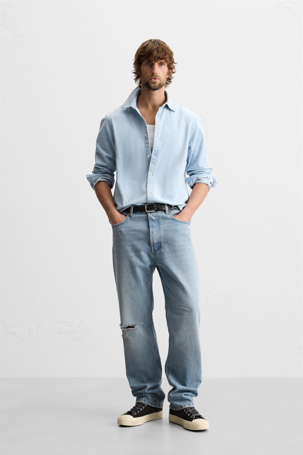 

Джинсы с прямыми штанинами и брызгами краски ZARA, средне-синий