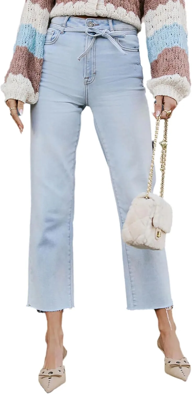 

Женские джинсы с высокой талией и прямыми штанинами Stretchy Washed Frayed Cropped с поясом QLAUYIOE