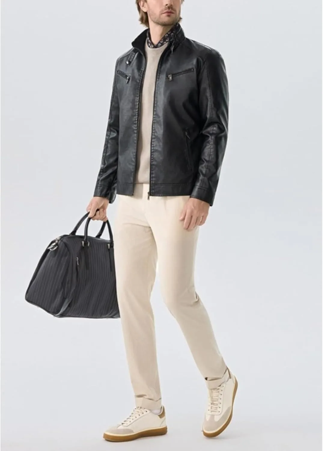 Куртка мужская в стиле мотоциклетной, Premium Faux Leather, с несколькими карманами на молнии и приталенным силуэтом Generic, черный — фото 2