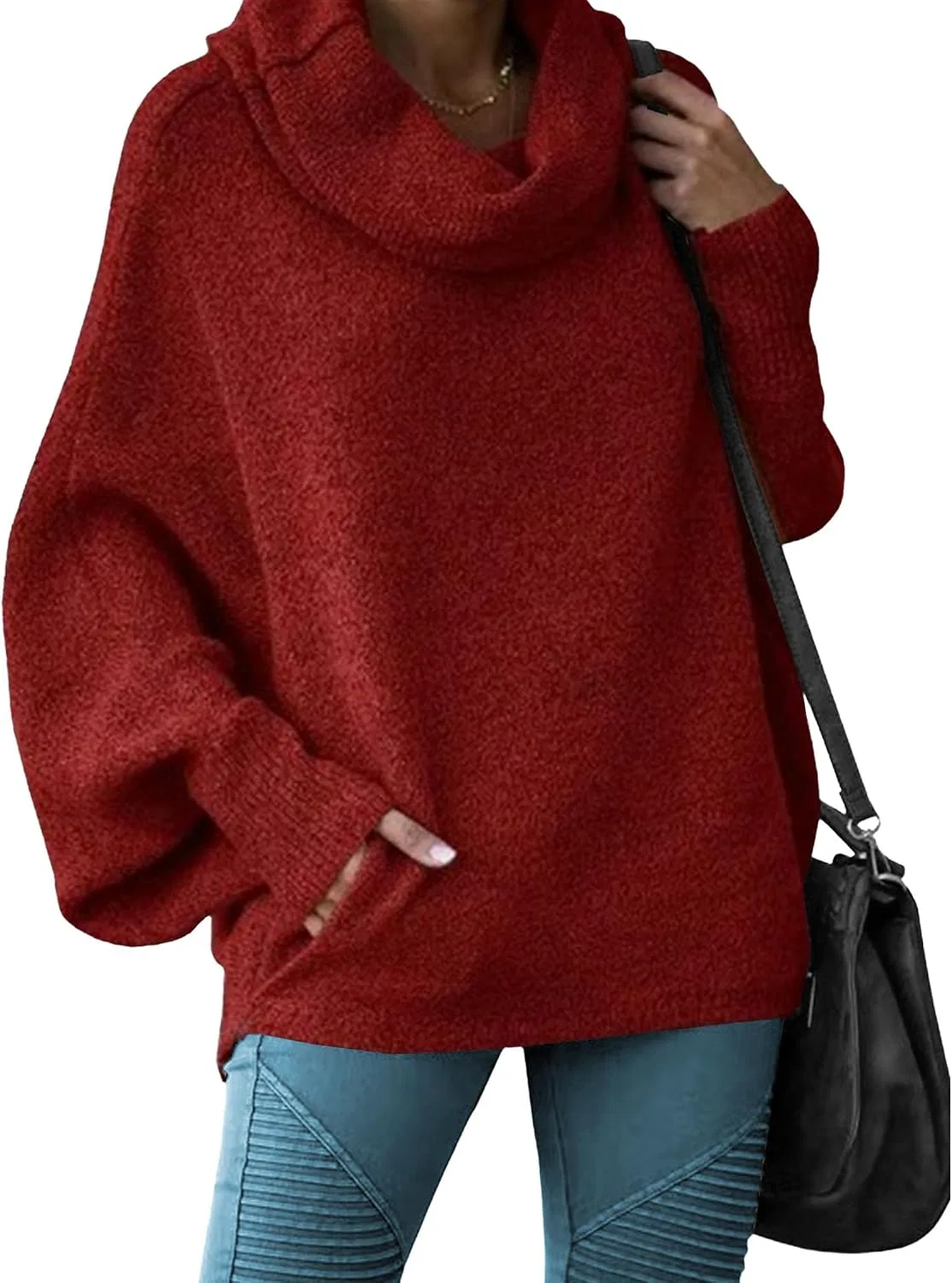 Женский свитер oversize с высоким воротником, красный