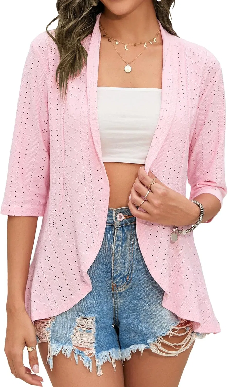 Женский ажурный кардиган с открытым передом, Pink