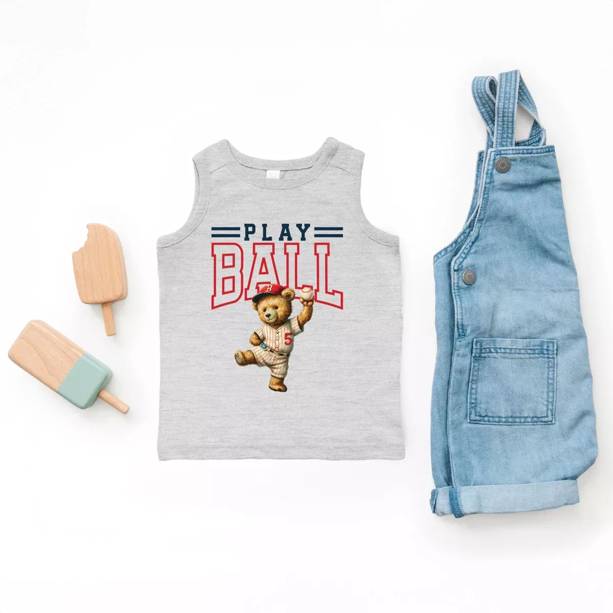 Детский топ без рукавов Play Ball Baseball Bear The Juniper Shop, Seafoam — фото 2