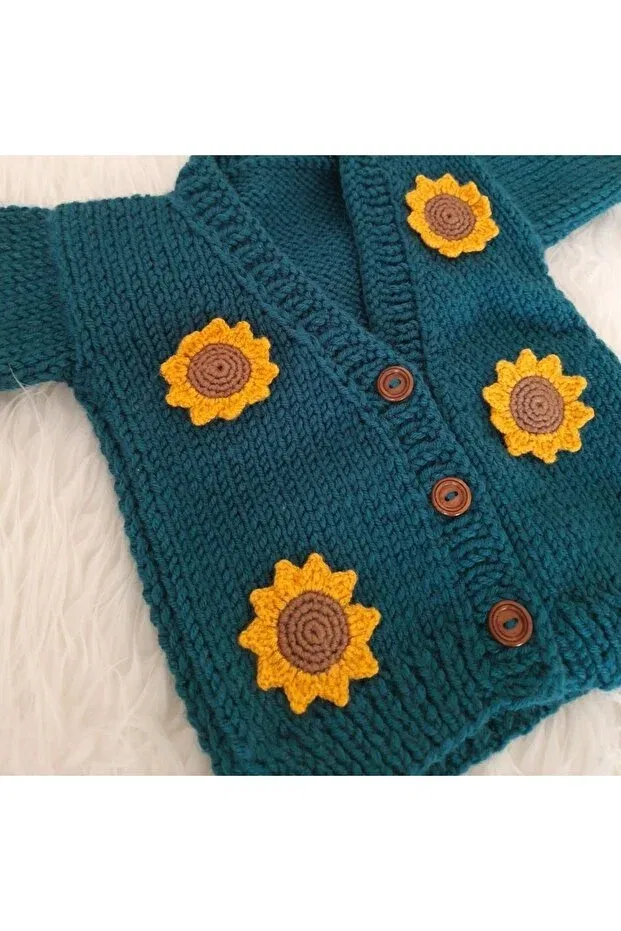 Детский кардиган с принтом Sunflower crop cardigan - hand knitted cardigan Kanguby, Oil Blue — фото 4