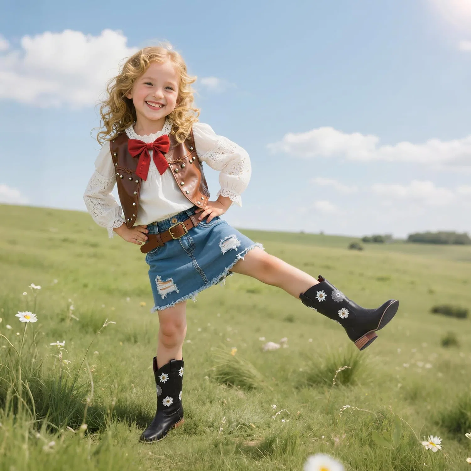 Детские сапоги для девочек с цветочной вышивкой Cowgirl Boots Goiphrri, Black — фото 3